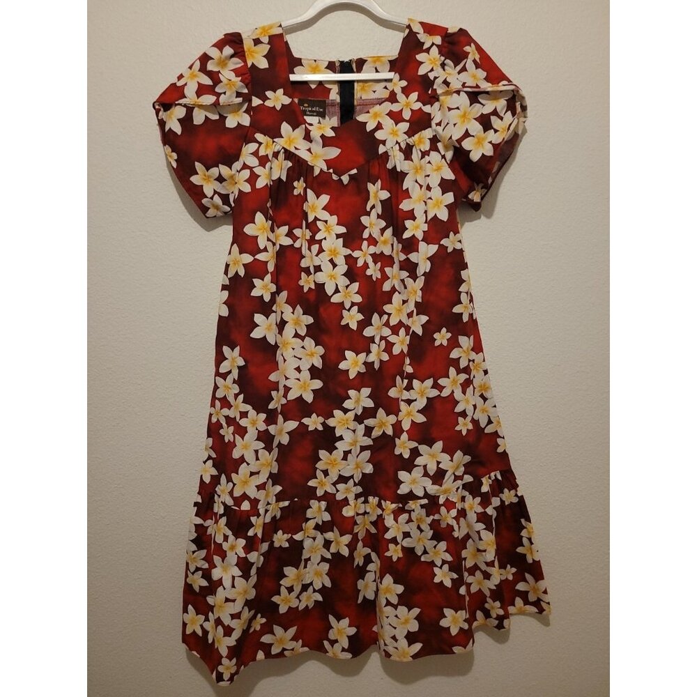 Vintage Tropical Eve Hawaii Hawaiian Luau Baby Doll Dress Floral Midi Size M Red - Picture 5 of 8